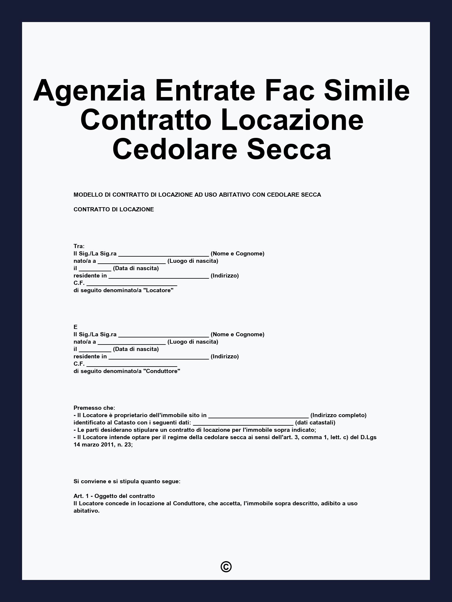 Agenzia Entrate Fac Simile Contratto Locazione Cedolare Secca