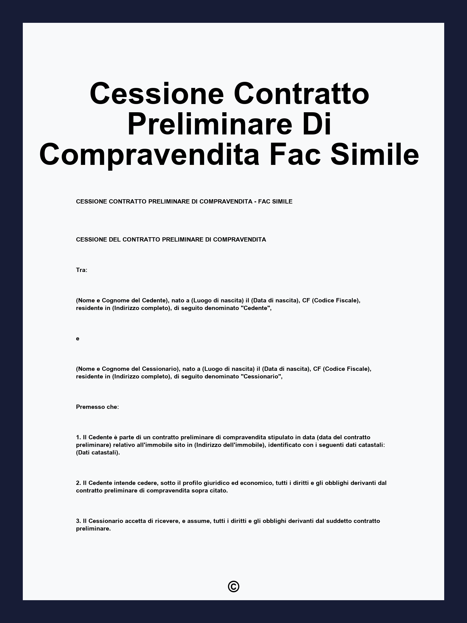 Cessione Contratto Preliminare Di Compravendita Fac Simile