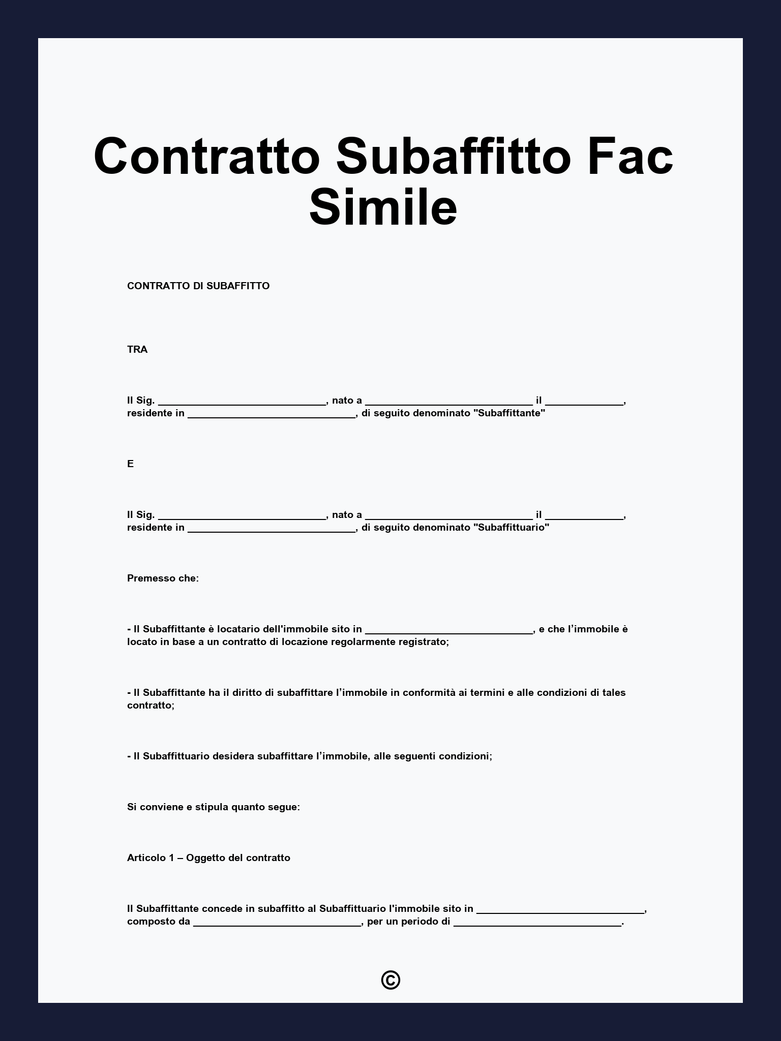 Contratto Subaffitto Fac Simile