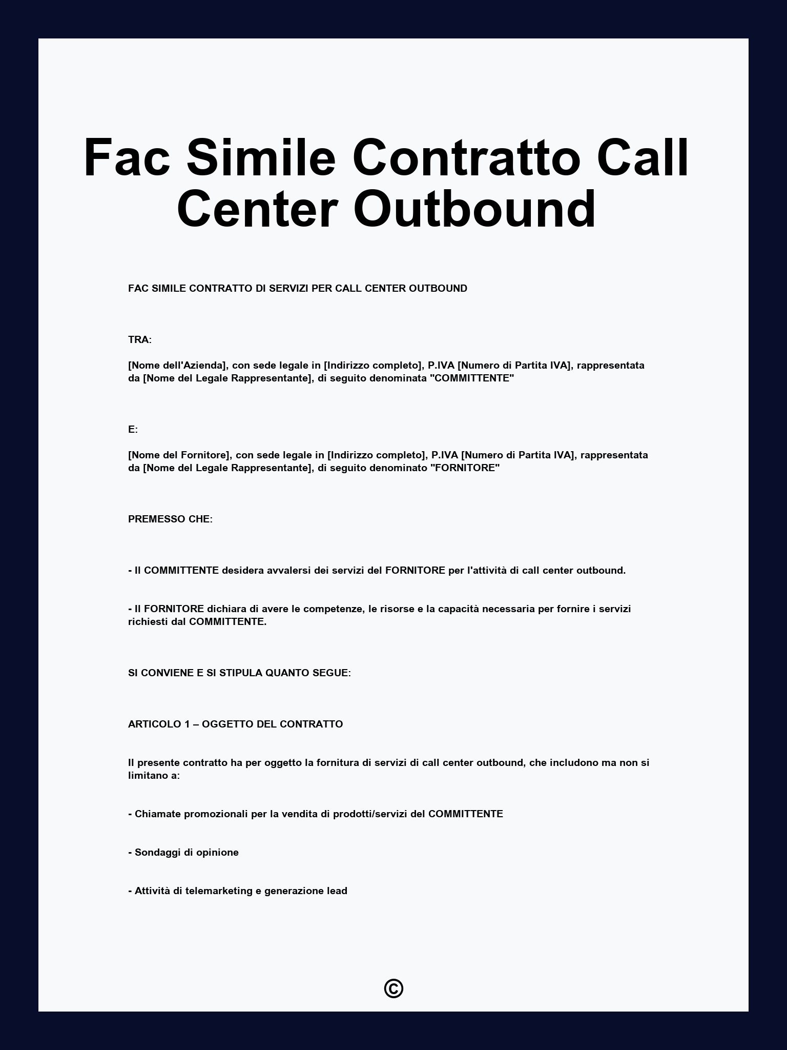 Fac Simile Contratto Call Center Outbound