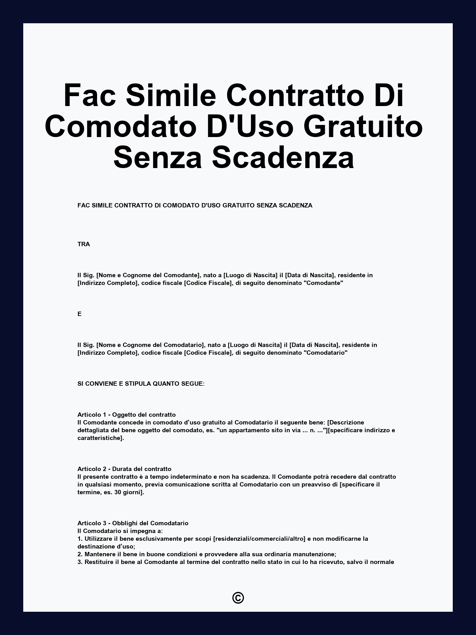 Fac Simile Contratto Di Comodato D'Uso Gratuito Senza Scadenza