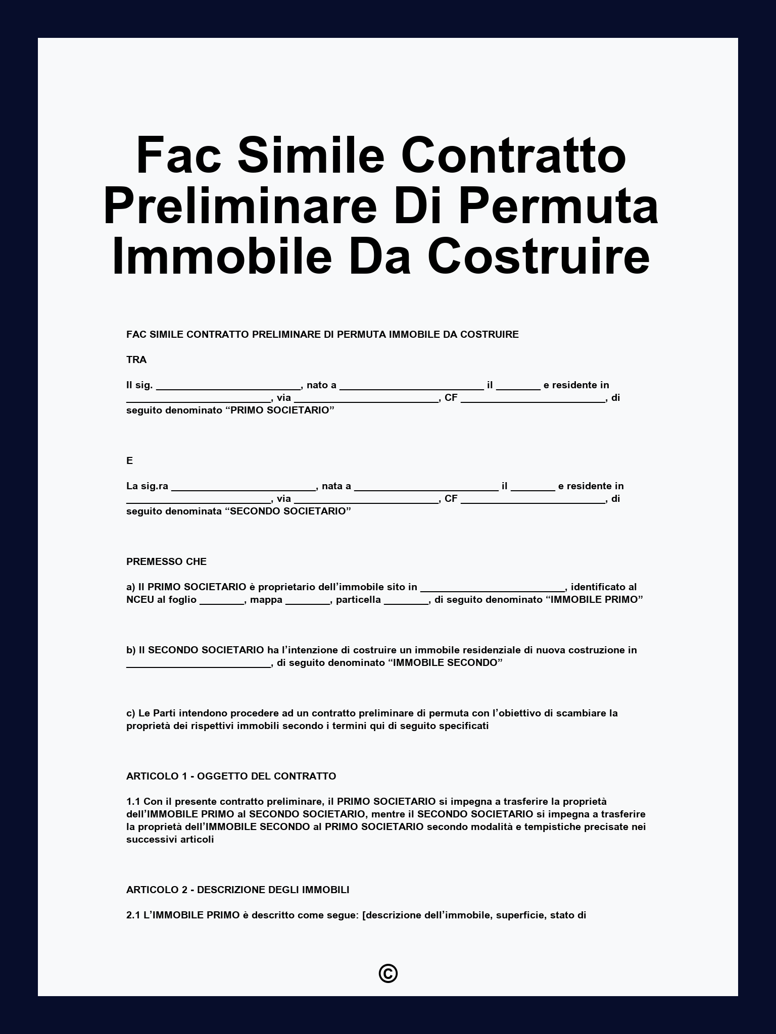 Fac Simile Contratto Preliminare Di Permuta Immobile Da Costruire