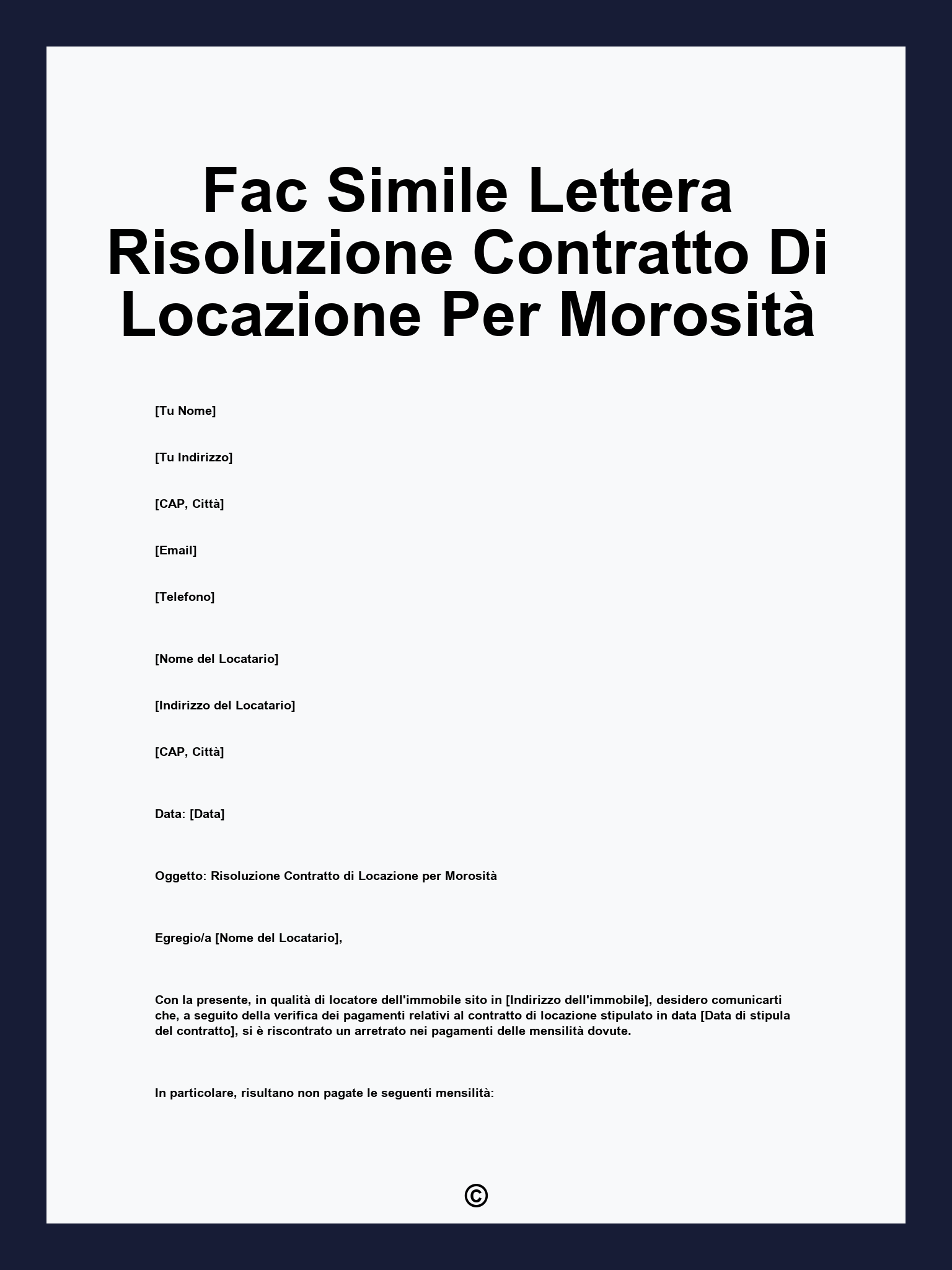 Fac Simile Lettera Risoluzione Contratto Di Locazione Per Morosità