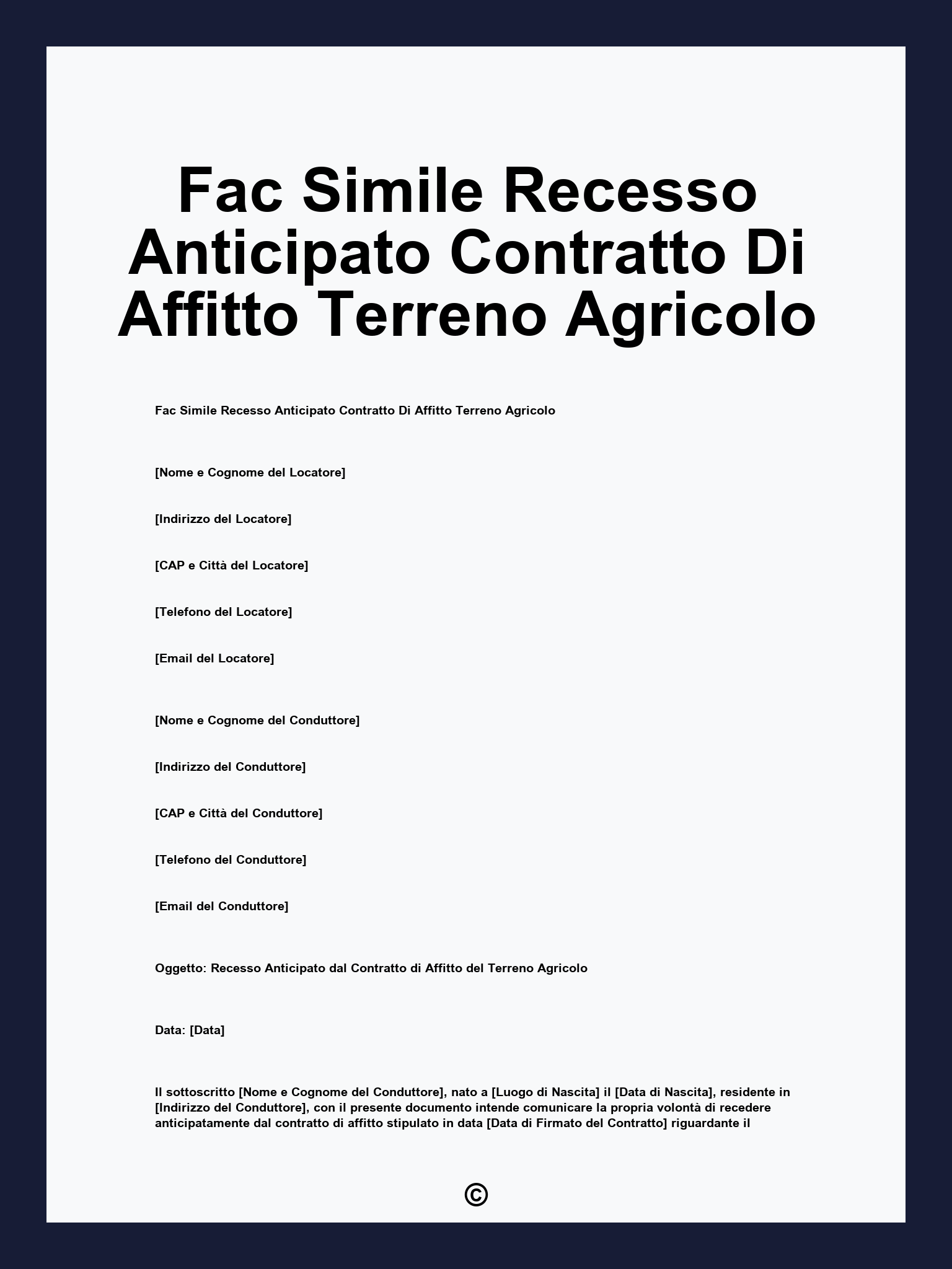 Fac Simile Recesso Anticipato Contratto Di Affitto Terreno Agricolo