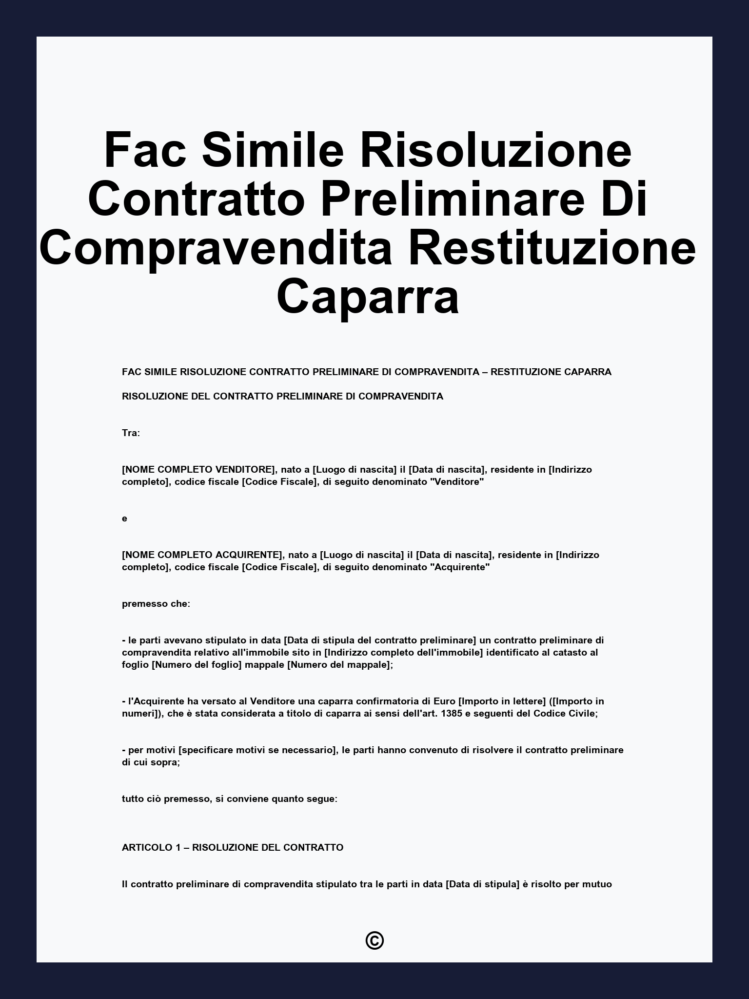 Fac Simile Risoluzione Contratto Preliminare Di Compravendita Restituzione Caparra