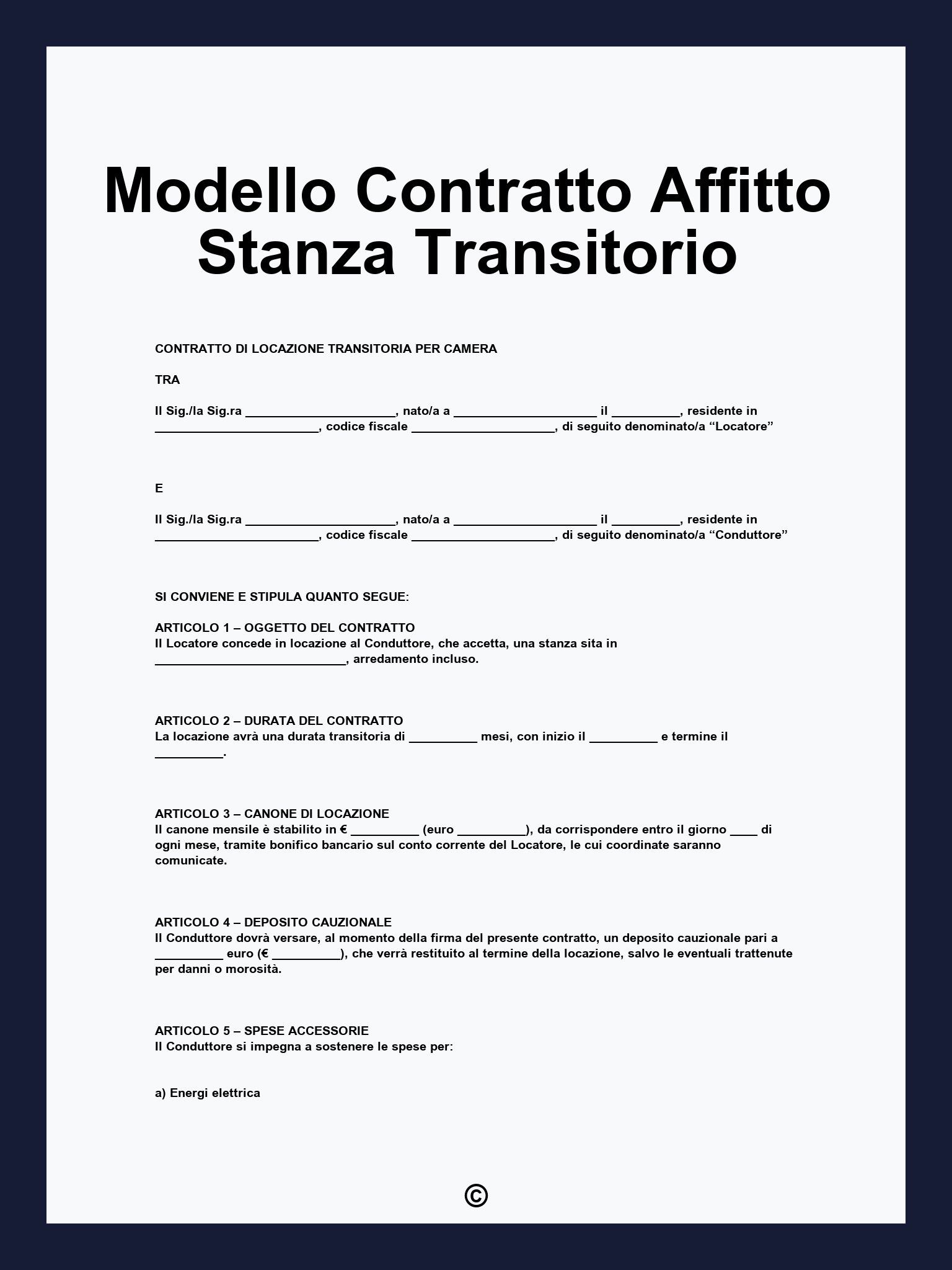 Modello Contratto Affitto Stanza Transitorio