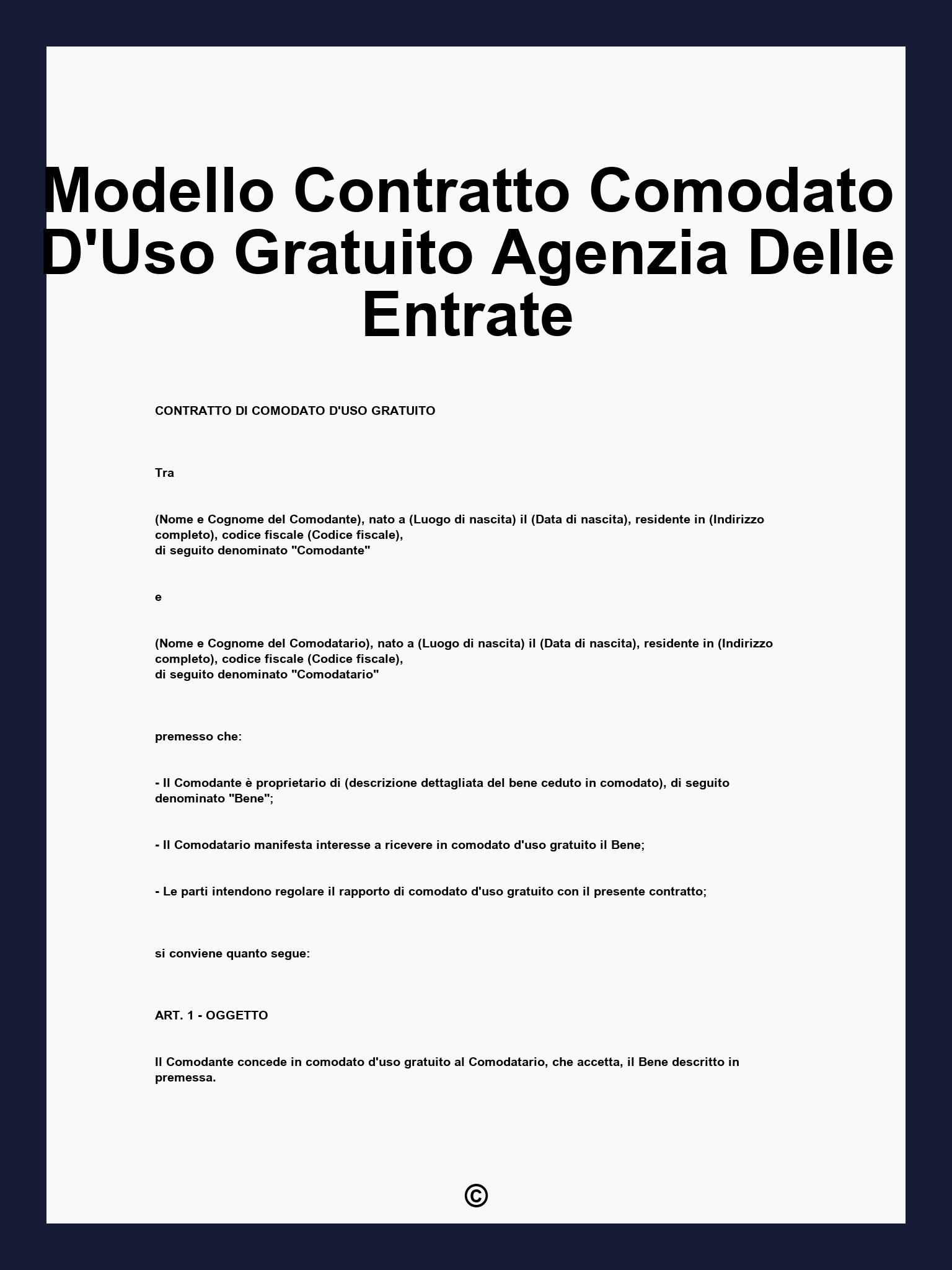 Modello Contratto Comodato D'Uso Gratuito Agenzia Delle Entrate