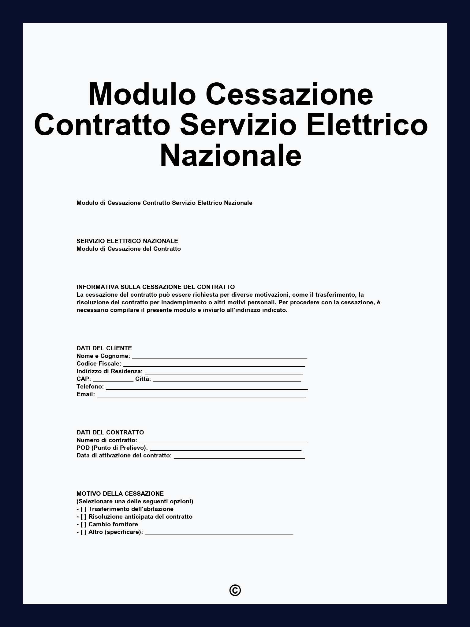 Modulo Cessazione Contratto Servizio Elettrico Nazionale