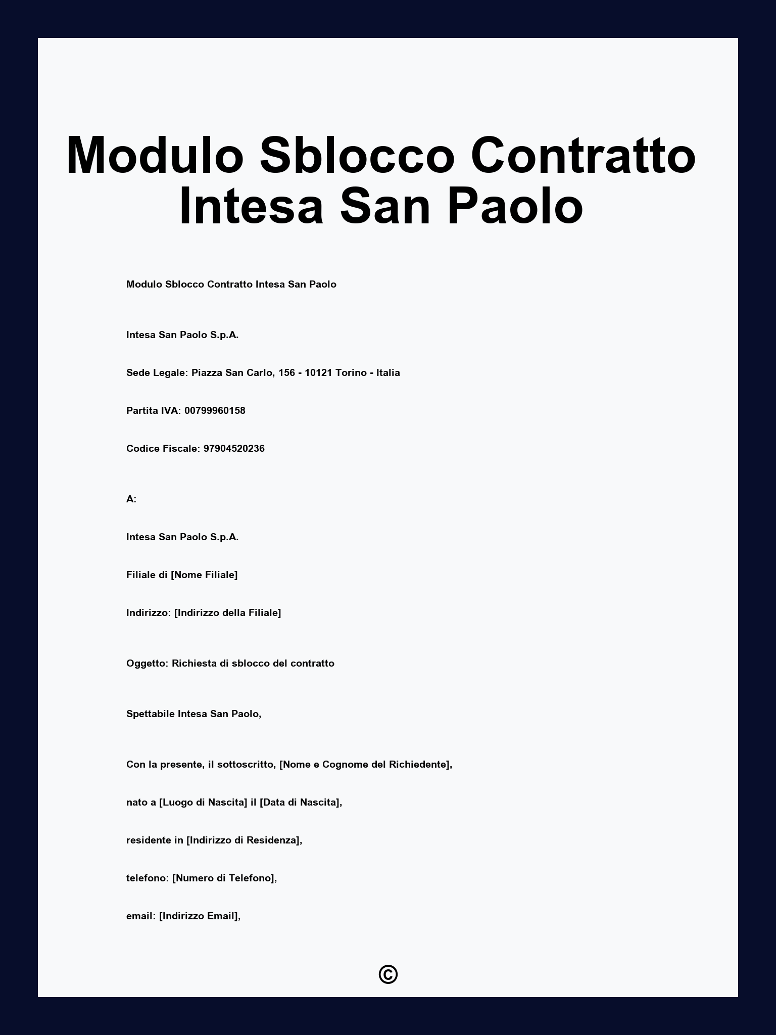 Modulo Sblocco Contratto Intesa San Paolo