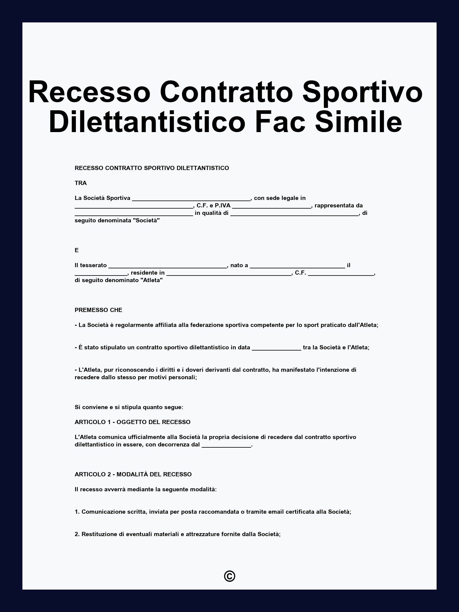 Recesso Contratto Sportivo Dilettantistico Fac Simile